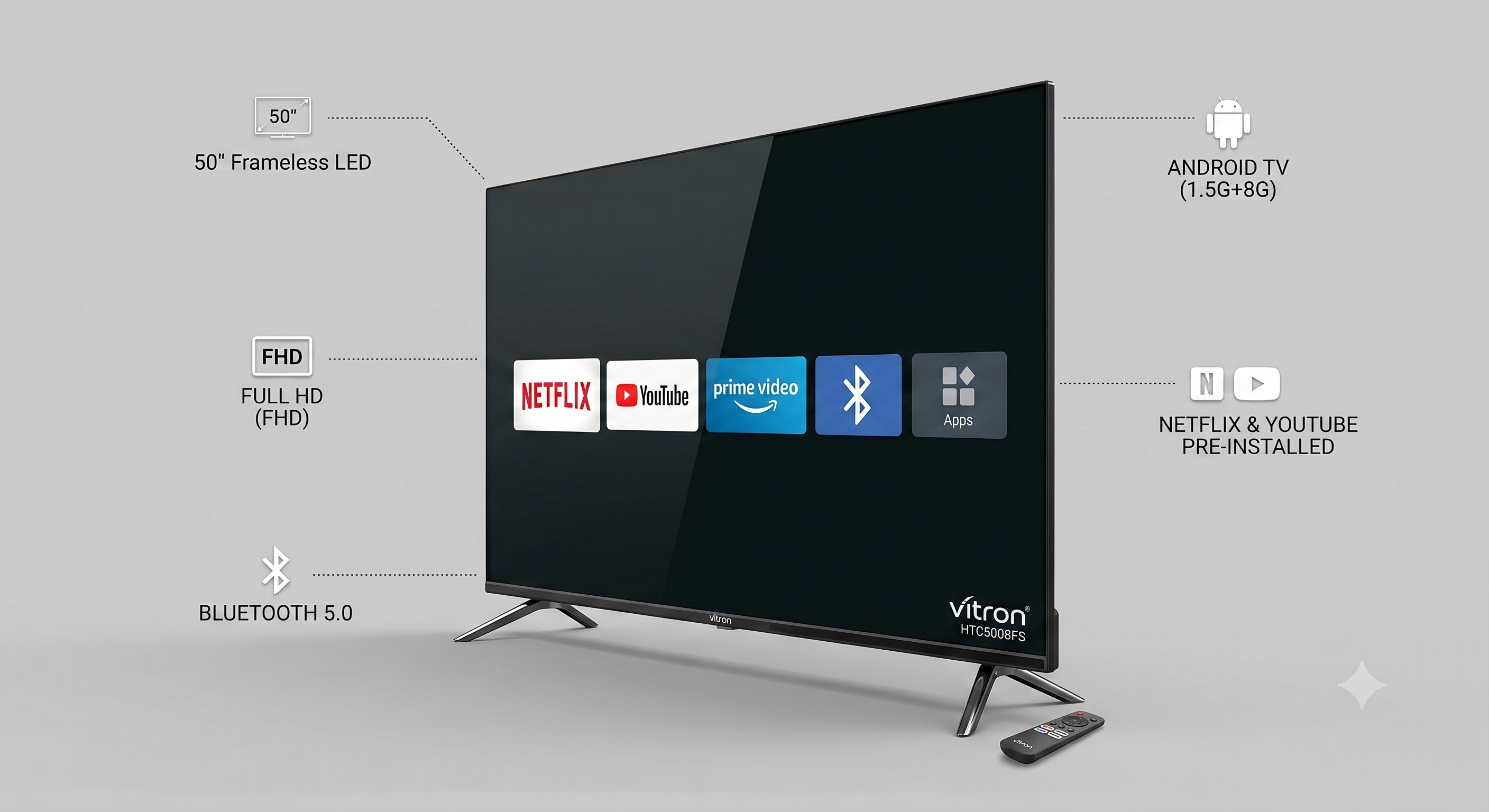 Vitron 50 Inch Frameless LED FHD Android Smart TV with Bluetooth Netflix Youtube 1.5G+8G WIFI Television HTC5008FS