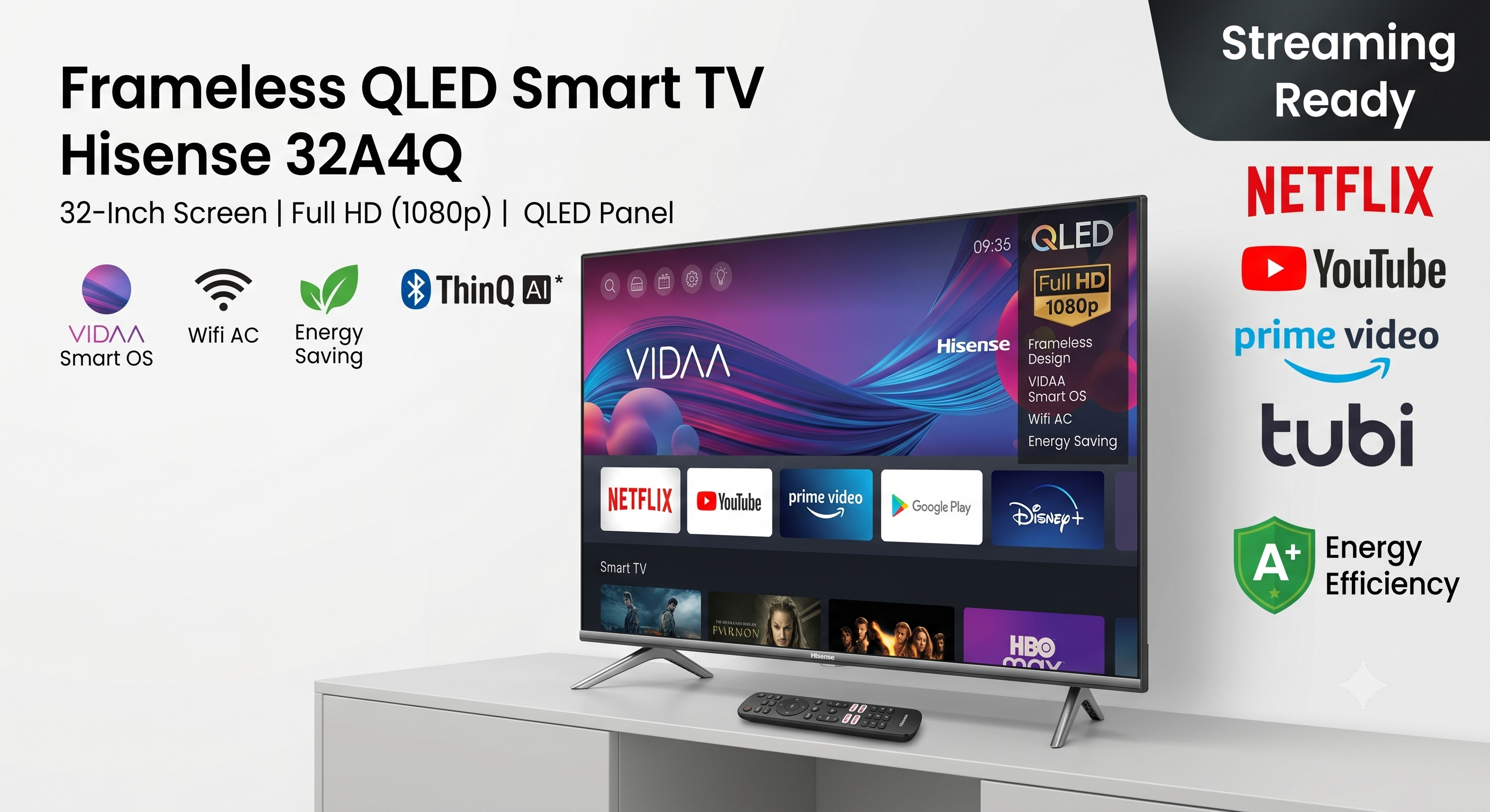 Hisense 32 inch Frameless Smart TV Full HD LED VIDAA Wifi AC Netflix/Youtube/Prime Video Energy Saving 32A4Q