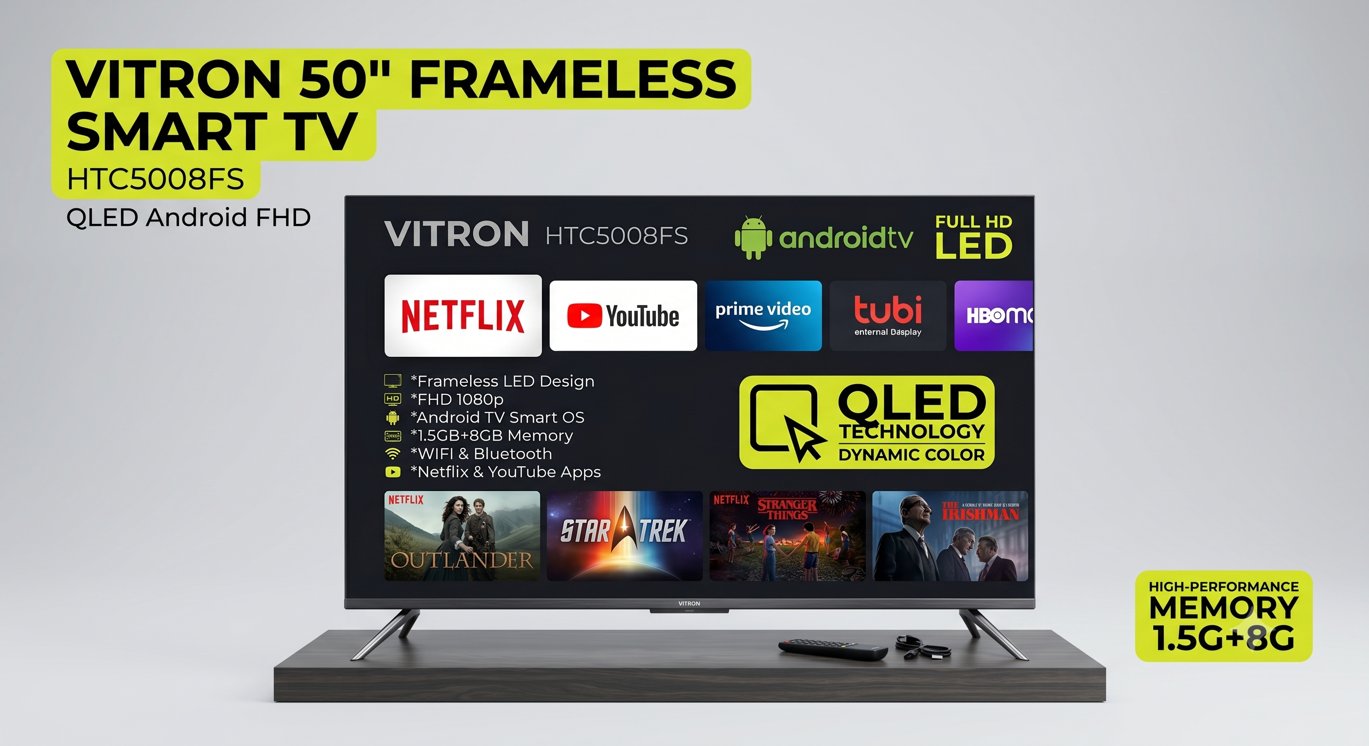 Vitron 50 Inch Frameless LED FHD Android Smart TV with Bluetooth Netflix Youtube 1.5G+8G WIFI Television HTC5008FS