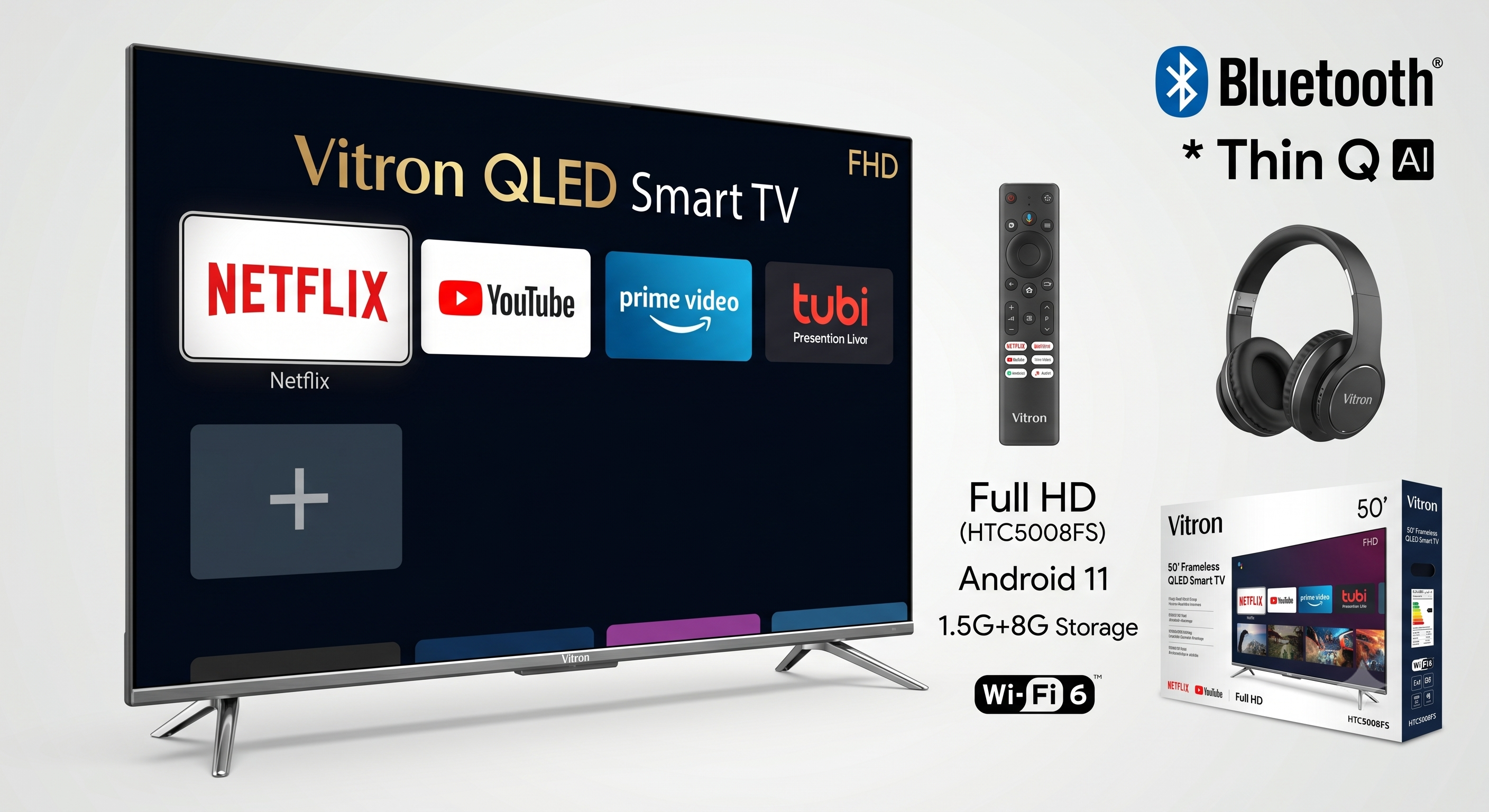 Vitron 50 Inch Frameless LED FHD Android Smart TV with Bluetooth Netflix Youtube 1.5G+8G WIFI Television HTC5008FS