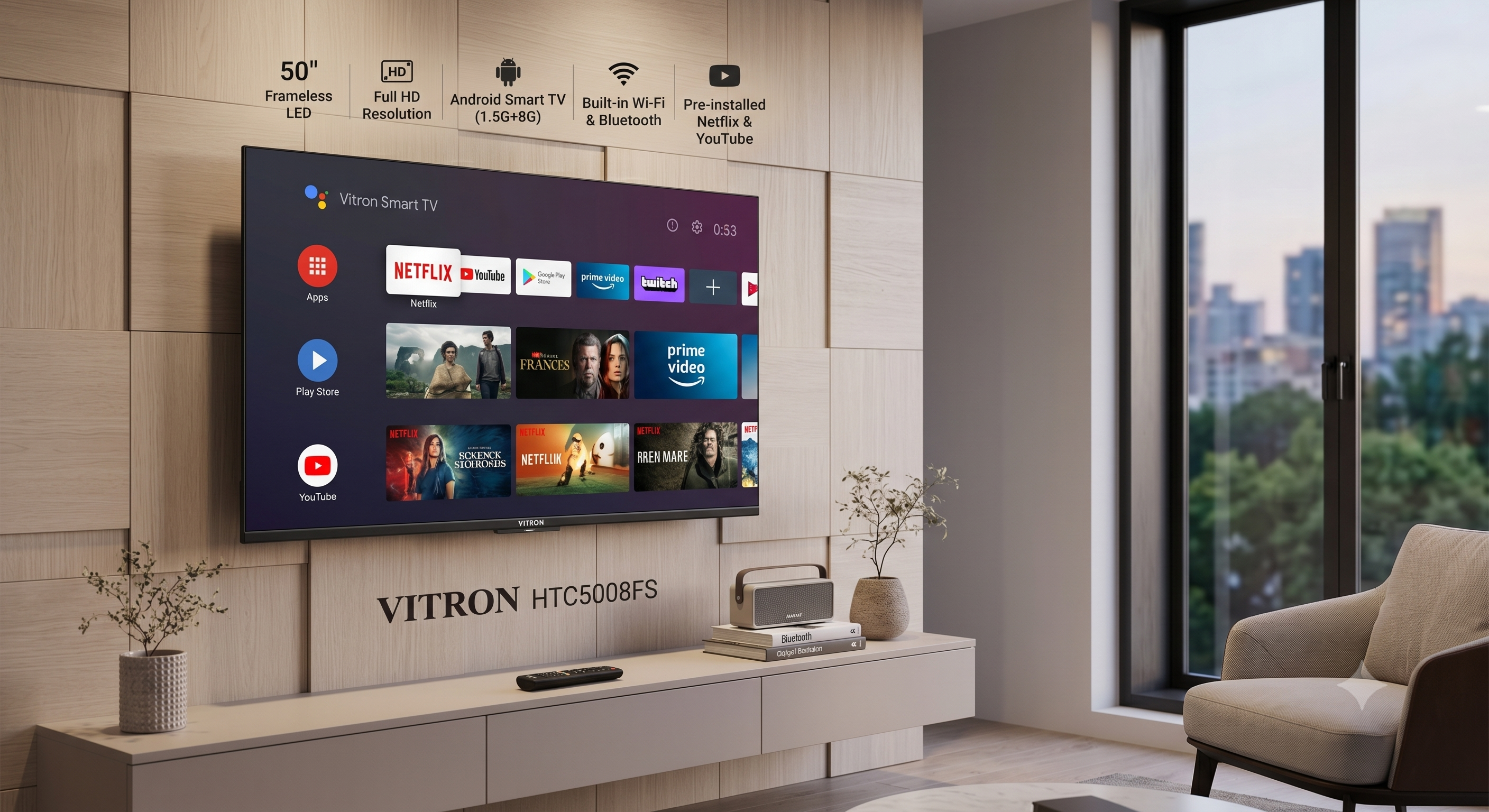 Vitron 50 Inch Frameless LED FHD Android Smart TV with Bluetooth Netflix Youtube 1.5G+8G WIFI Television HTC5008FS