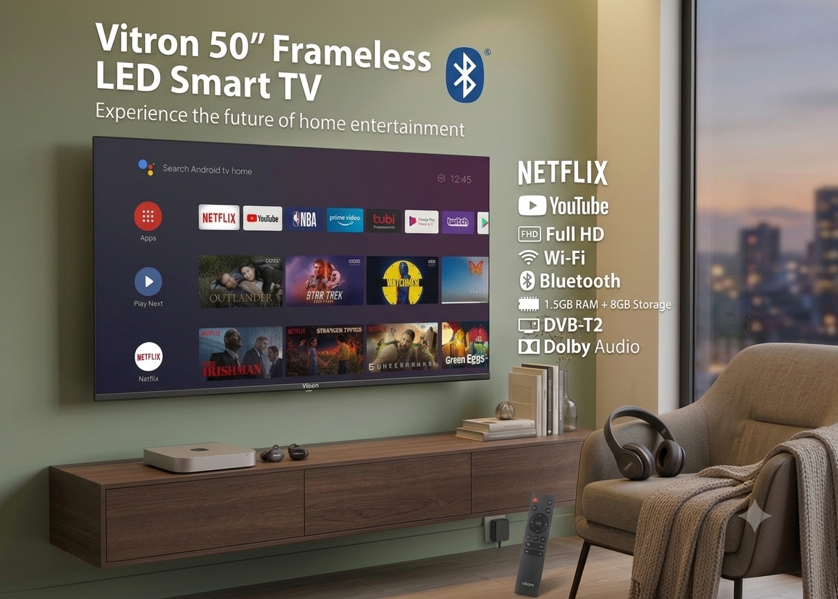 Vitron 50 Inch Frameless LED FHD Android Smart TV with Bluetooth Netflix Youtube 1.5G+8G WIFI Television HTC5008FS