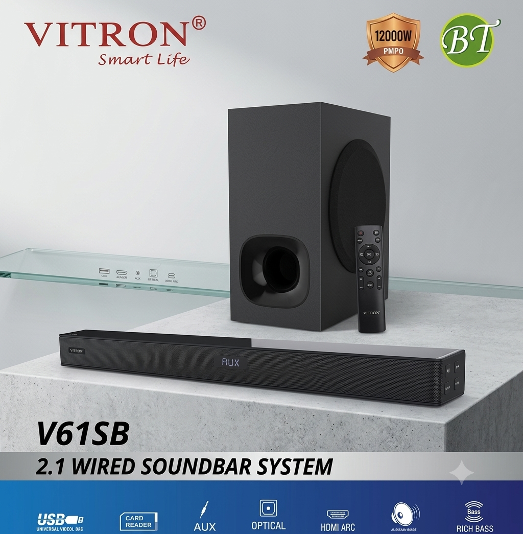 VITRON V61SB SOUNDBAR SYSTEM 12000W PMPO DEEP BASS WIRED AUX USB BLUETOOTH OPTICAL ARC.