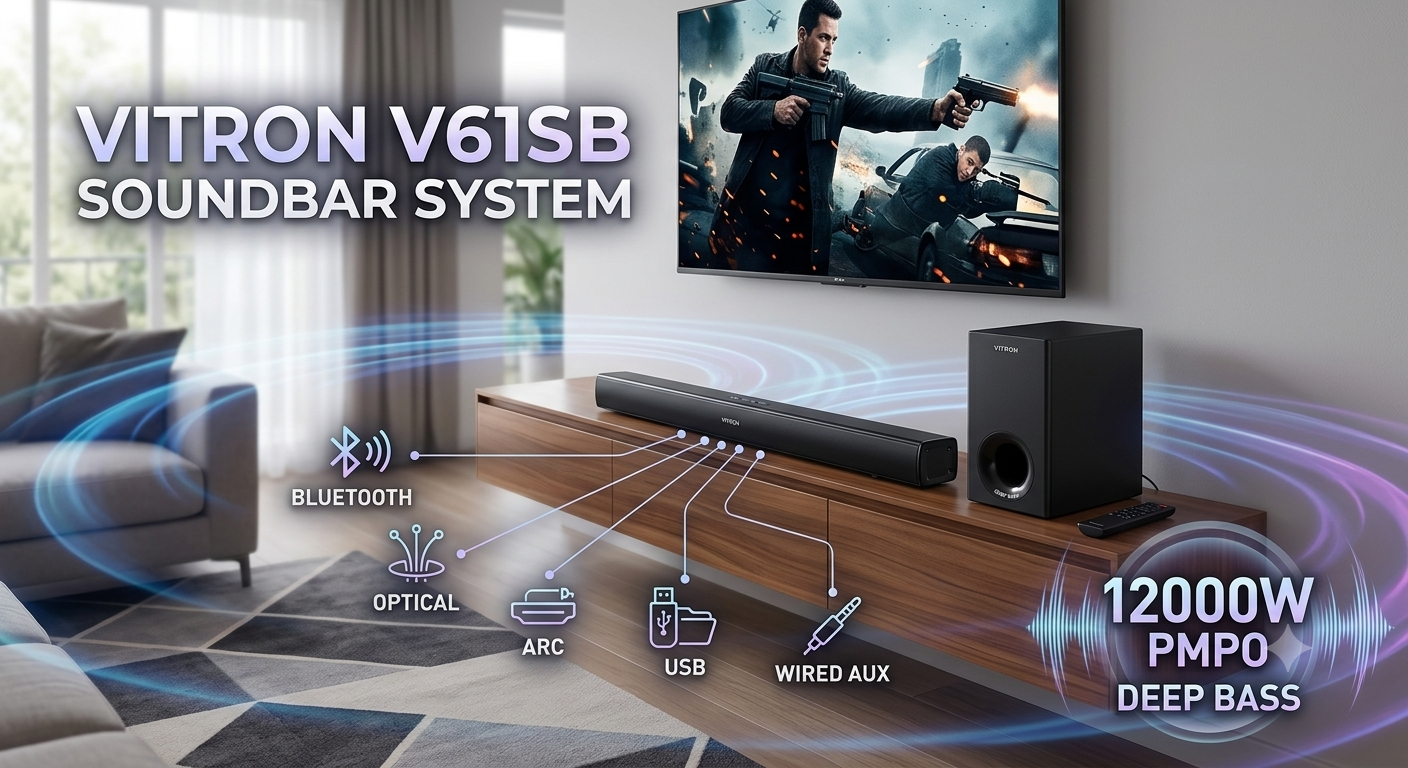 VITRON V61SB SOUNDBAR SYSTEM 12000W PMPO DEEP BASS WIRED AUX USB BLUETOOTH OPTICAL ARC.