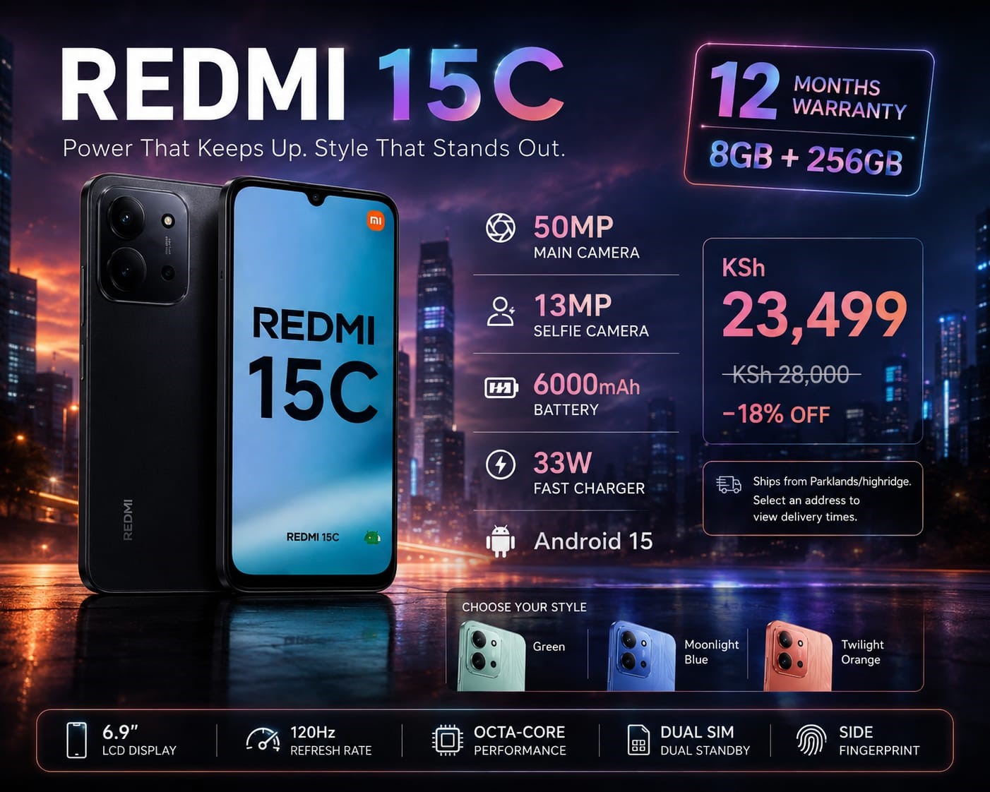 REDMI 15C 256B Storage UPTO 16GB(8+8)GB Extension Ram 6.9'' LCD 50MP Main Camera 6000mAh 33W Fast Charger Android 15 120Hz Refresh Rate Xiaomi Hyper OS 2 Side Fingerprint Smartphone