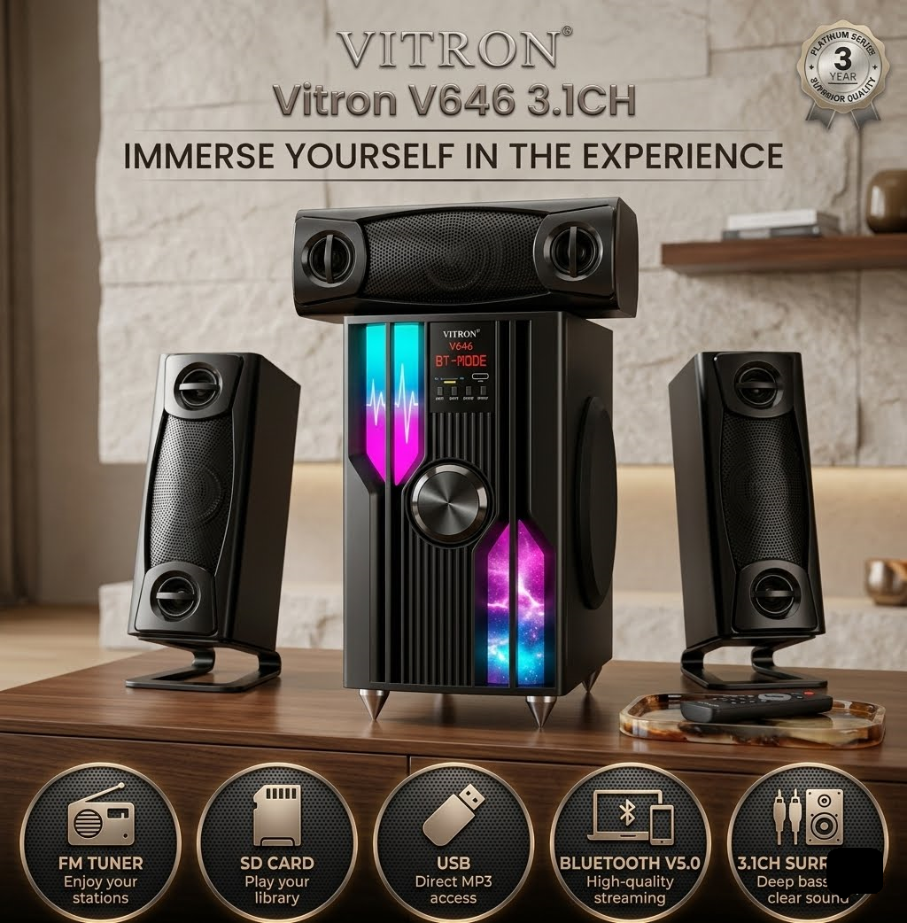 Vitron V646 3.1CH X-Bass Home Theatre System AC/DC Bluetooth Woofer Speaker System Subwoofer Home Audio System USB SD MP3 FM Radio 10000W-1 year warranty