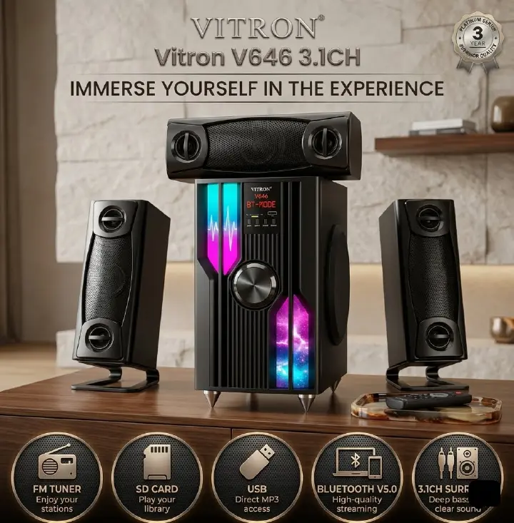 Vitron V646 3.1CH X-Bass Home Theatre System AC/DC Bluetooth Woofer Speaker System Subwoofer Home Audio System USB SD MP3 FM Radio 10000W-1 year warranty