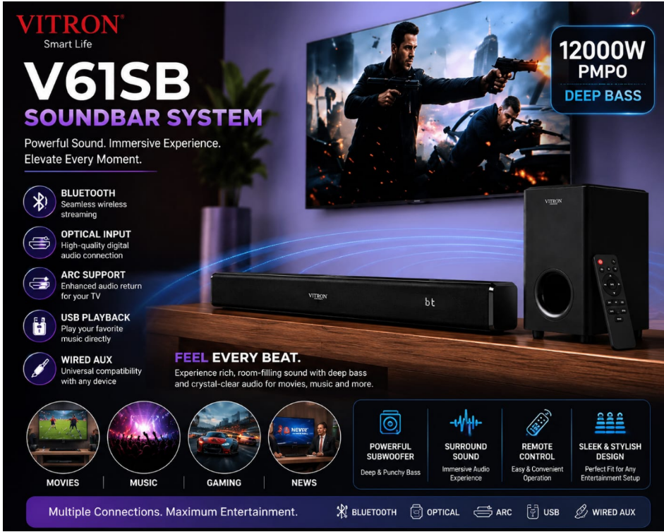 VITRON V61SB SOUNDBAR SYSTEM 12000W PMPO DEEP BASS WIRED AUX USB BLUETOOTH OPTICAL ARC.