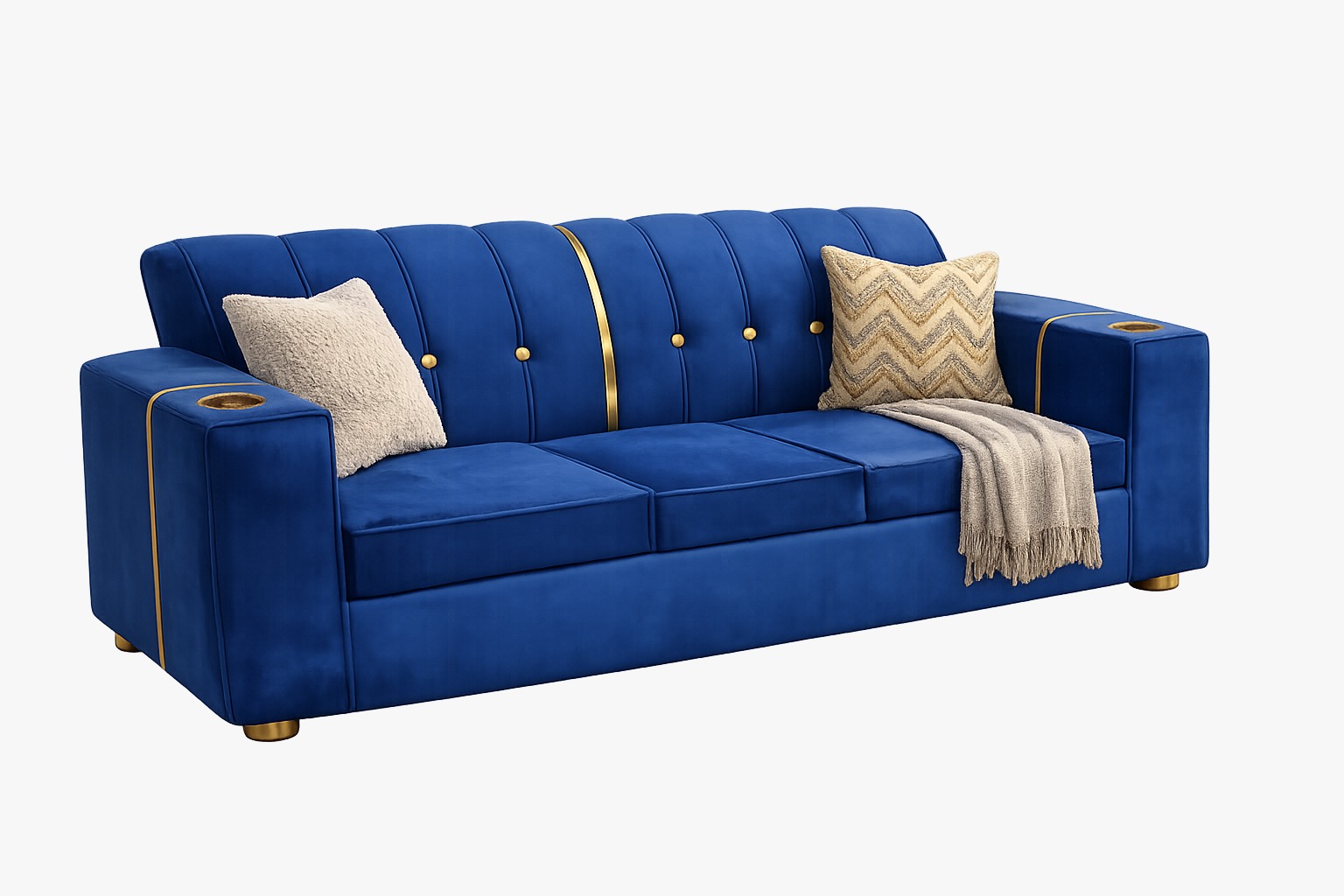 [Crazy discounts] 3 seater stylish velvet sofa featuring gold button ,a center gold stripe, and brass‑rimmed cup holder, plush cushions offering cozy comfort, with gold cylindrical legs as picture