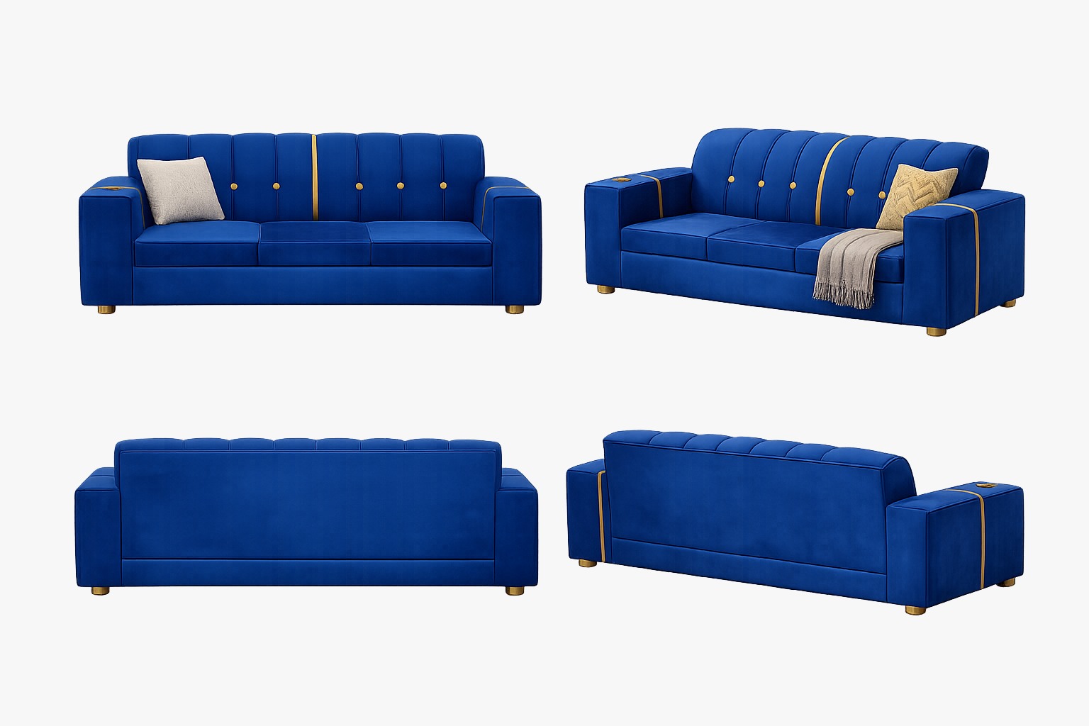 [Crazy discounts] 3 seater stylish velvet sofa featuring gold button ,a center gold stripe, and brass‑rimmed cup holder, plush cushions offering cozy comfort, with gold cylindrical legs as picture
