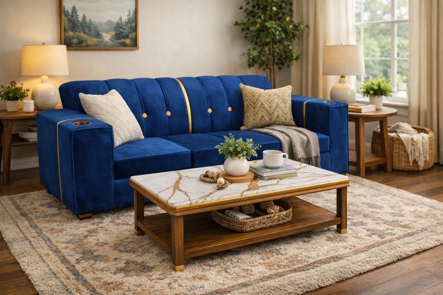 [Crazy discounts] 3 seater stylish velvet sofa featuring gold button ,a center gold stripe, and brass‑rimmed cup holder, plush cushions offering cozy comfort, with gold cylindrical legs as picture