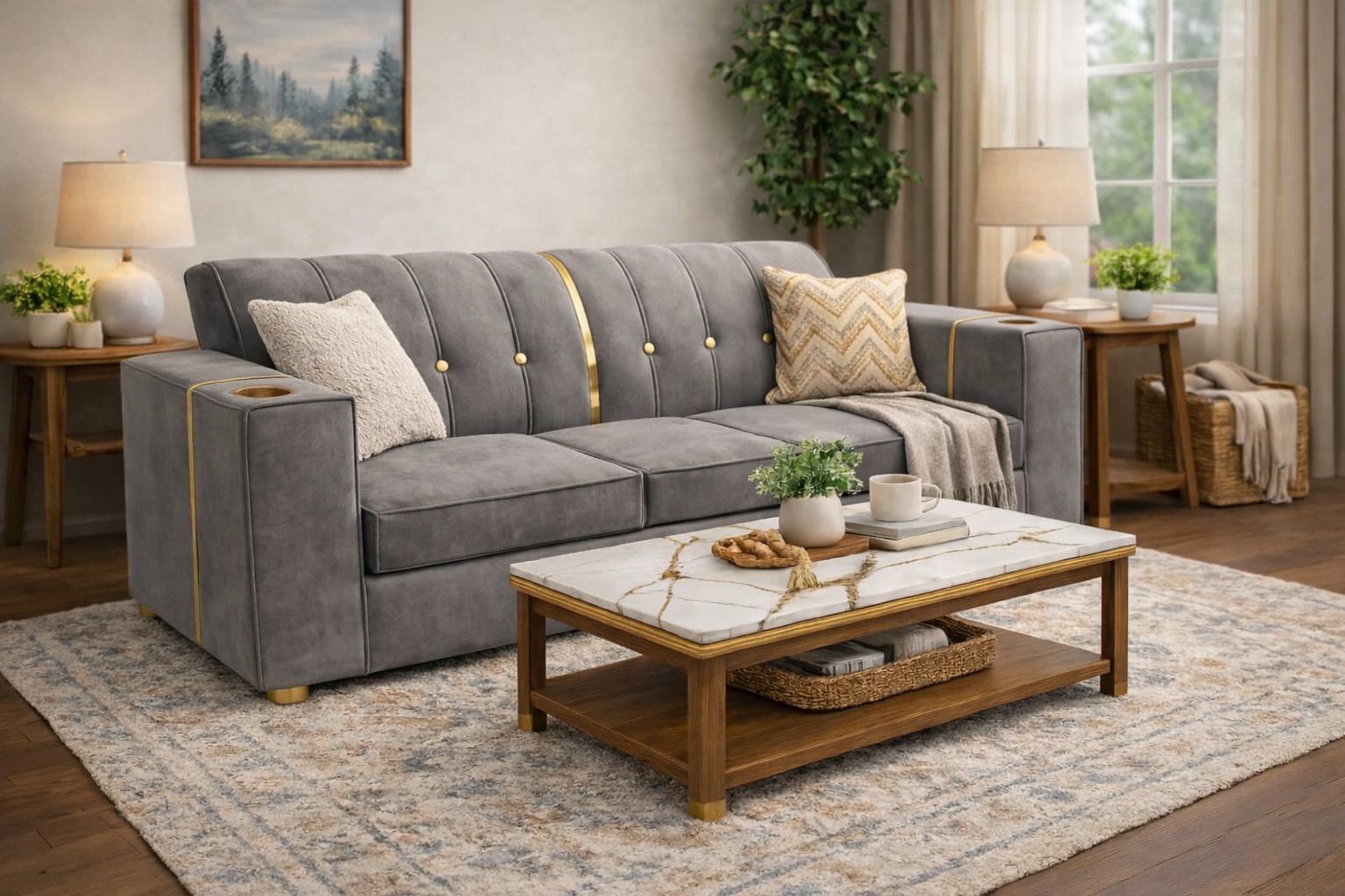 [Crazy discounts] 3 seater stylish velvet sofa featuring gold button ,a center gold stripe, and brass‑rimmed cup holder, plush cushions offering cozy comfort, with gold cylindrical legs as picture