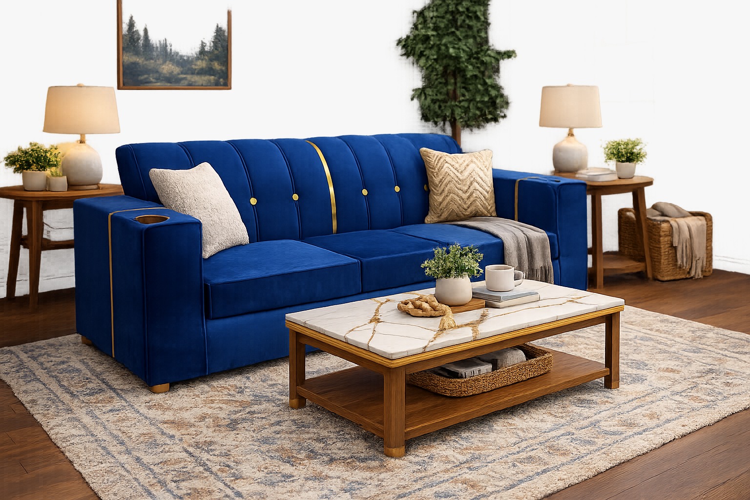 [Crazy discounts] 3 seater stylish velvet sofa featuring gold button ,a center gold stripe, and brass‑rimmed cup holder, plush cushions offering cozy comfort, with gold cylindrical legs as picture