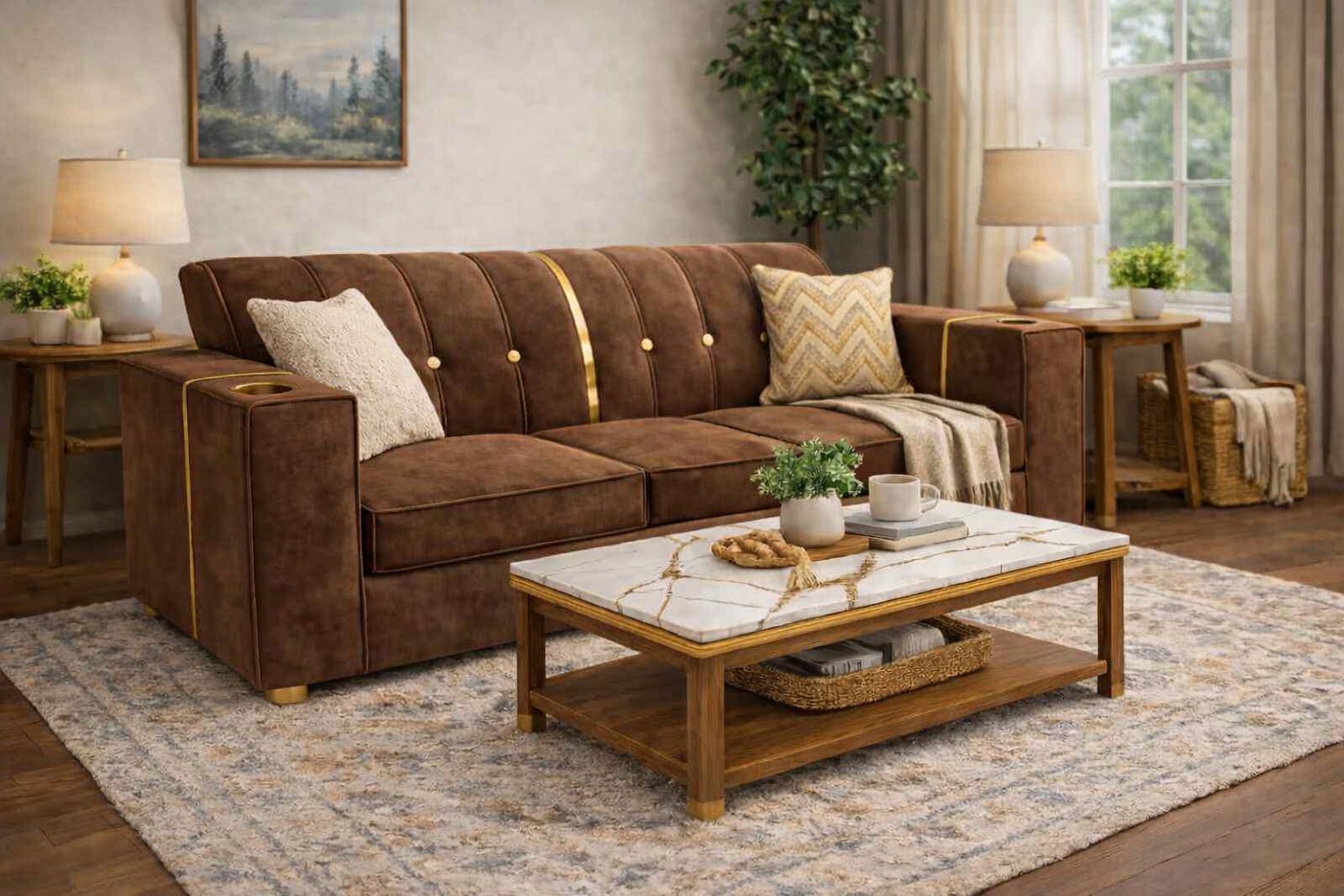 [Crazy discounts] 3 seater stylish velvet sofa featuring gold button ,a center gold stripe, and brass‑rimmed cup holder, plush cushions offering cozy comfort, with gold cylindrical legs as picture