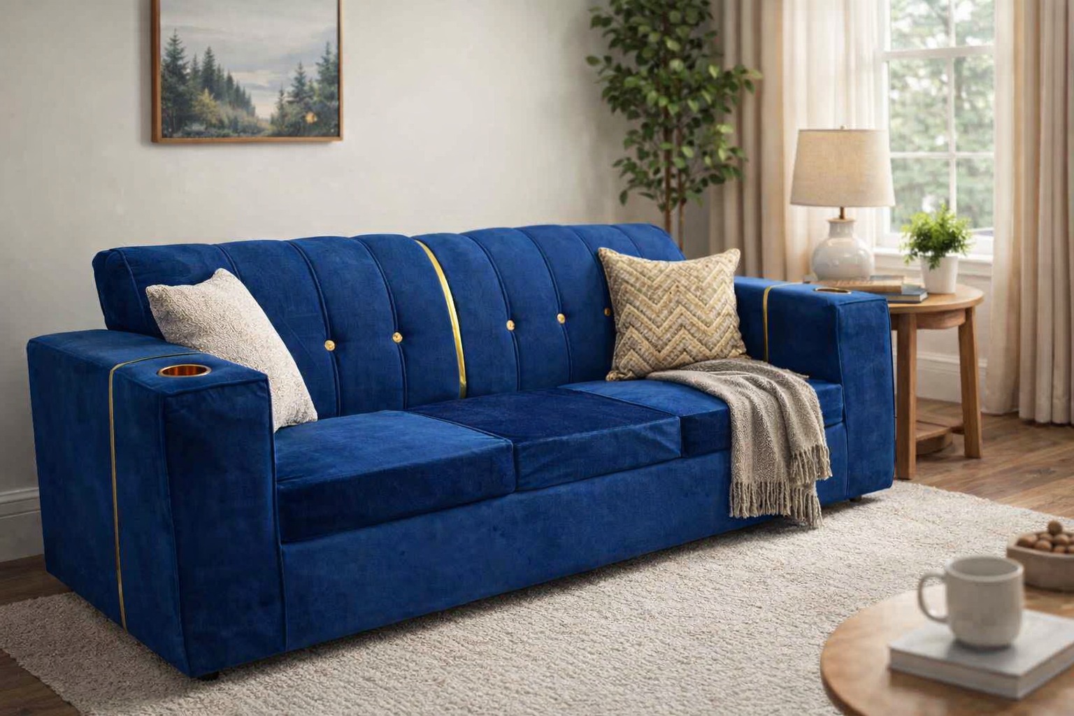 [Crazy discounts] 3 seater stylish velvet sofa featuring gold button ,a center gold stripe, and brass‑rimmed cup holder, plush cushions offering cozy comfort, with gold cylindrical legs as picture
