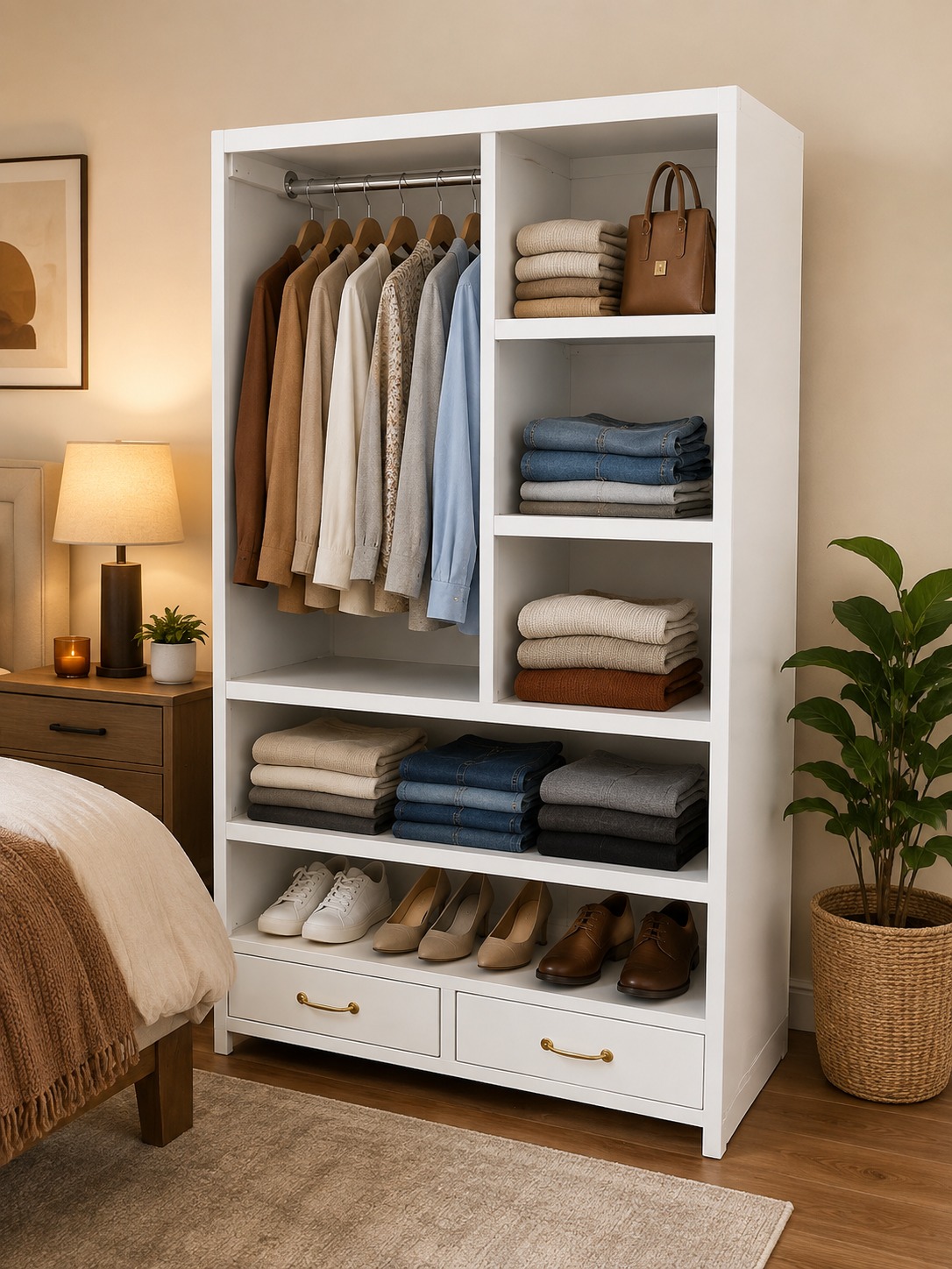 [Crazy Discounts] Stylish Wooden Open Wardrobe with Drawers-featuring an open storage design, spacious compartments, and built-in drawers for neatly organizing clothes ideal addition to any bedroom.