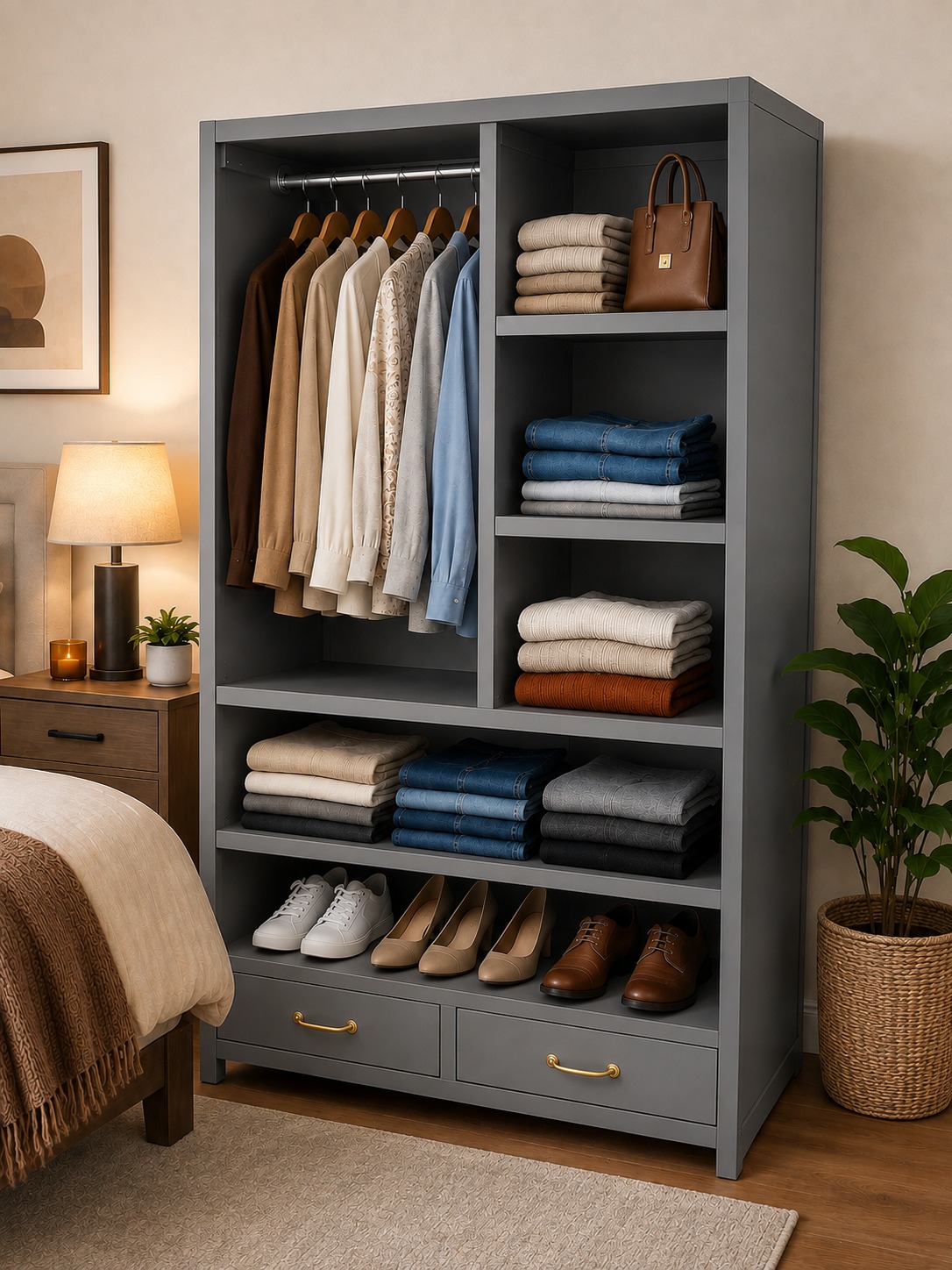 [Crazy Discounts] Stylish Wooden Open Wardrobe with Drawers-featuring an open storage design, spacious compartments, and built-in drawers for neatly organizing clothes ideal addition to any bedroom.