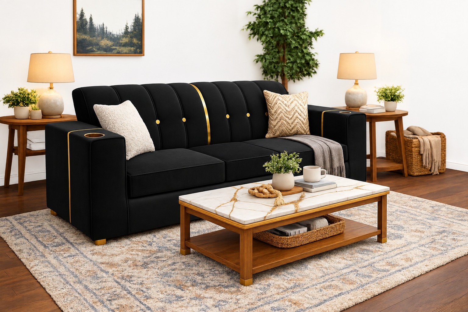 [Crazy discounts] 3 seater stylish velvet sofa featuring gold button ,a center gold stripe, and brass‑rimmed cup holder, plush cushions offering cozy comfort, with gold cylindrical legs as picture