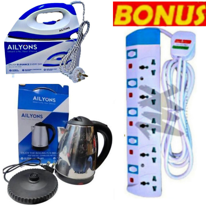 AILYONS 1000W Electric Iron Box – Smooth Glide Base for Quick and Neat Finishing + EXTRA BONUS Best Budget Electric Kettle Jug Boiler Water Heater + HOME BEST 5 WAY Power Extension Cable With Switches