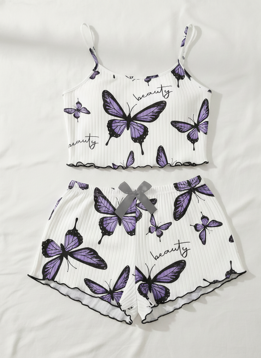 Sexy butterfly print camisole shorts nightgown set, sleepwear and pajamas，comfortable and casual, can be worn as outerwear, women's loungewear, French casual style.