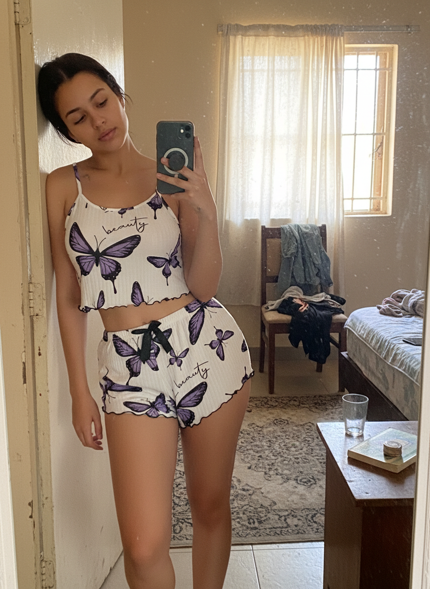Sexy butterfly print camisole shorts nightgown set, sleepwear and pajamas，comfortable and casual, can be worn as outerwear, women's loungewear, French casual style.