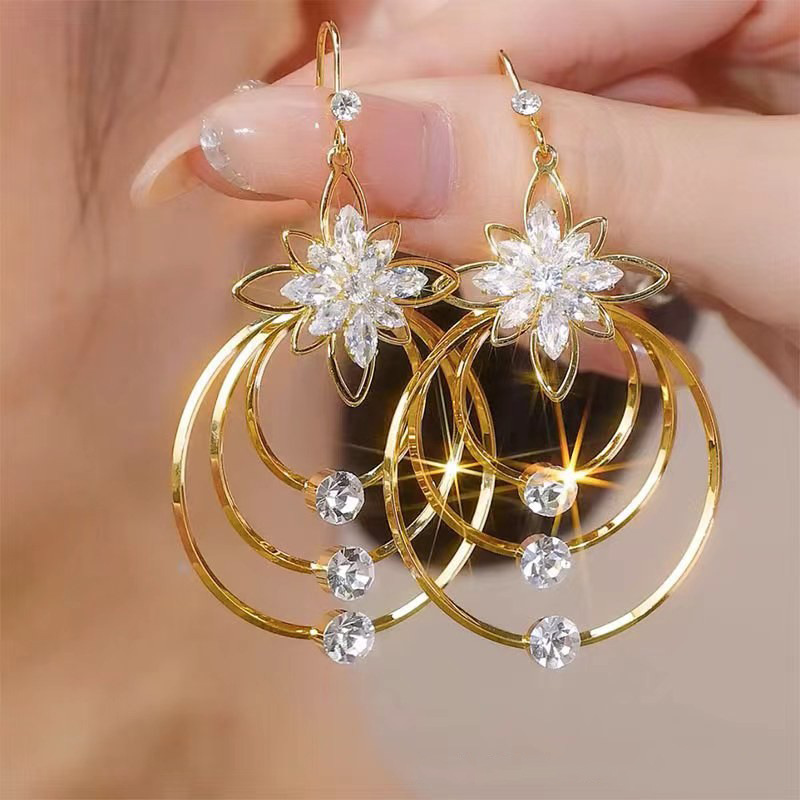 New Trendy Five-Petal Flower Tassel Earrings Korean Fashion Statement Zircon Ear Studs Elegant Flower Trendy Earrings
