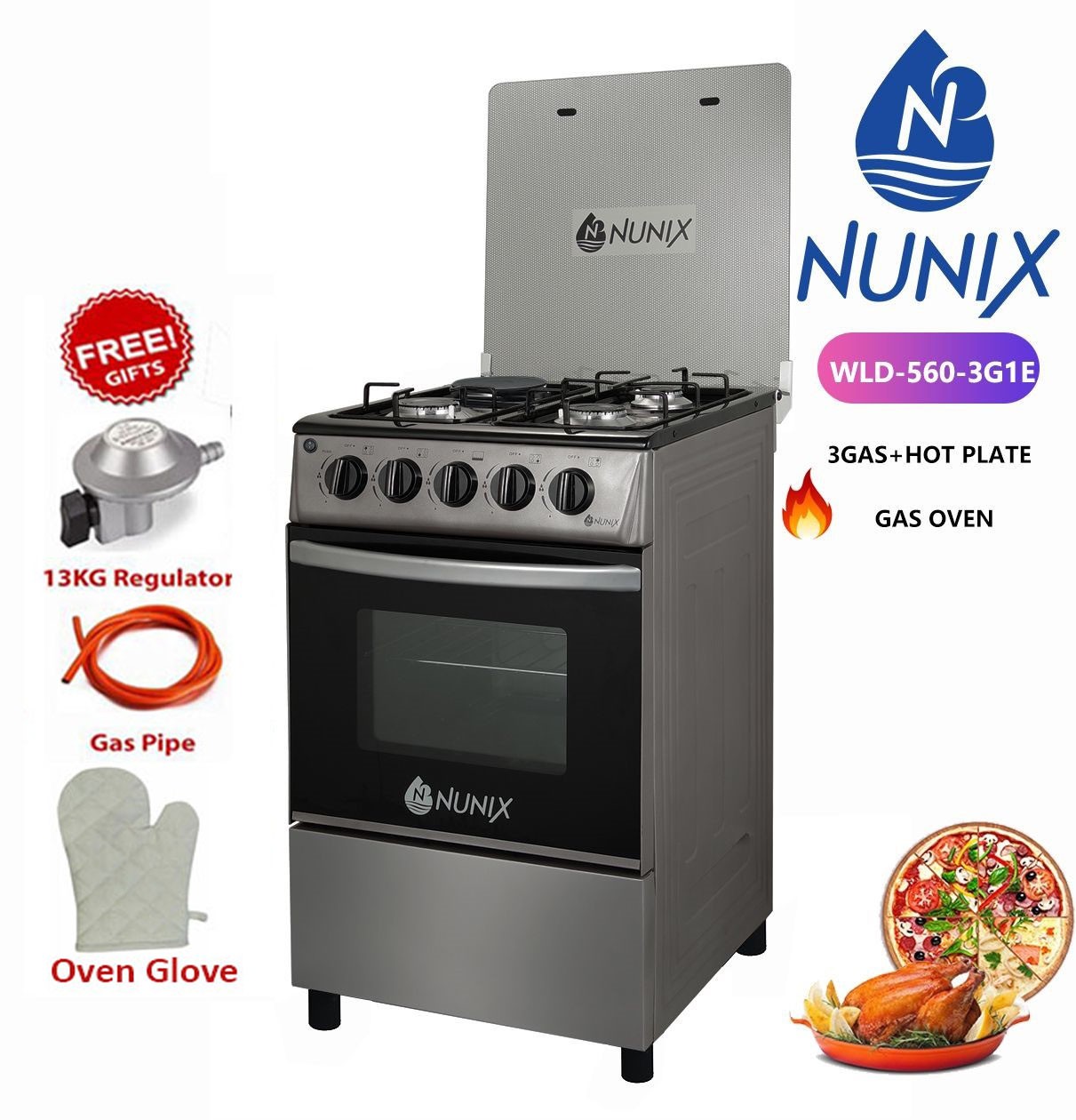 CLEARANCE OFFER New model 50*55 nunix 3 gas 1 electric hot plate  standing cooker with gas oven