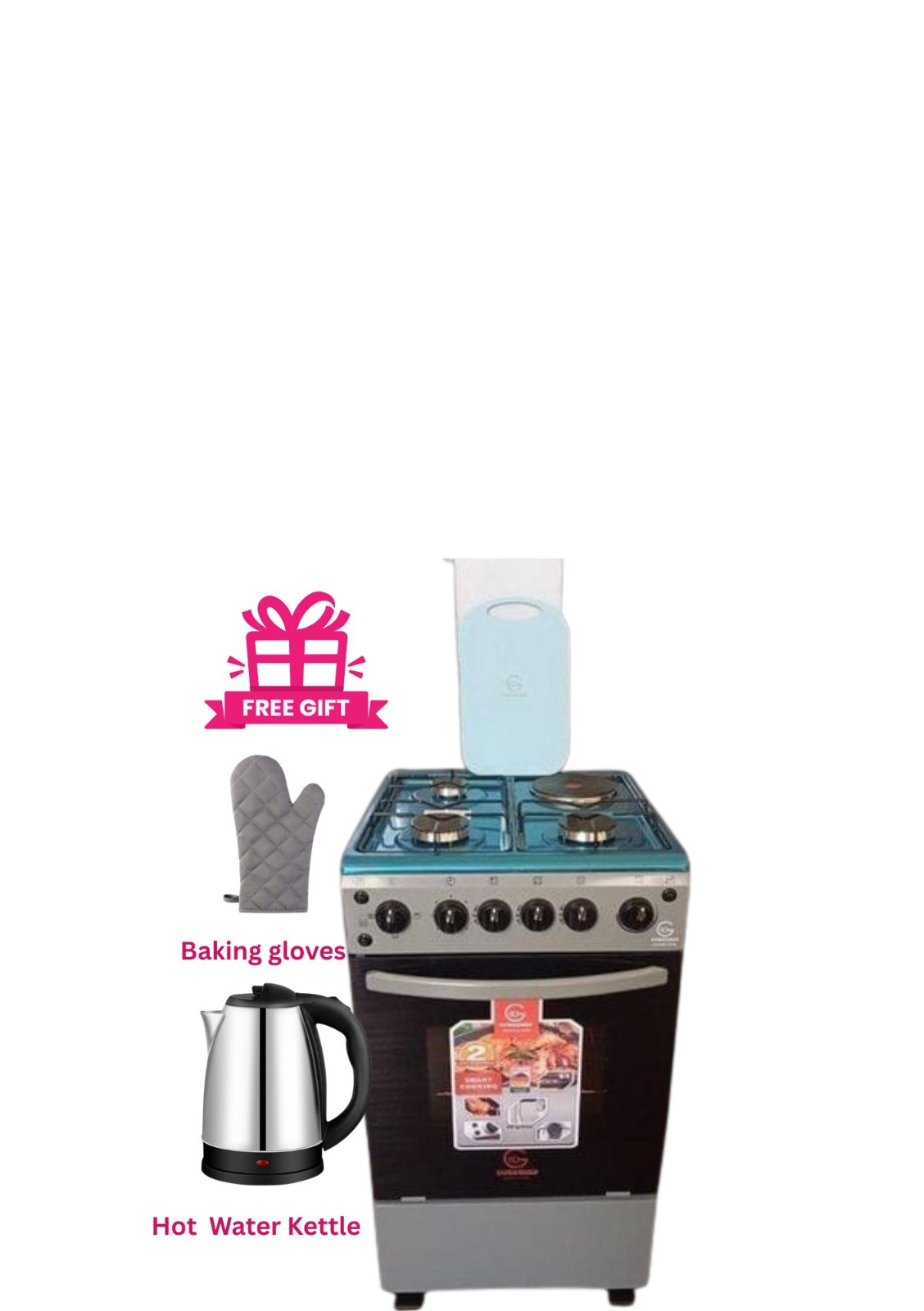 EUROCHEF 50x55, 3 Gas Jet Burners + 1 Rapid Hot Plate, Electric Oven Standing Cooker PLUS  FREE ELECTRIC KETTLE AND GLOVE