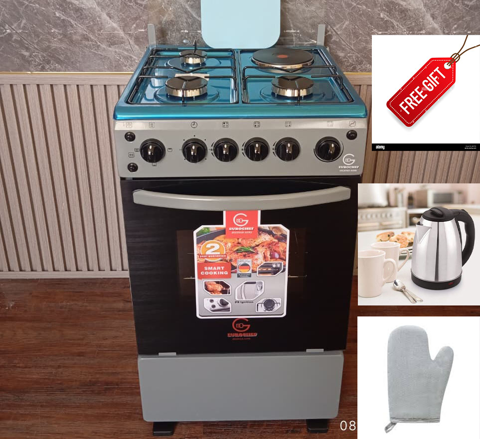 EUROCHEF 50x55, 3 Gas Jet Burners + 1 Rapid Hot Plate, Electric Oven Standing Cooker PLUS  FREE ELECTRIC KETTLE AND GLOVE