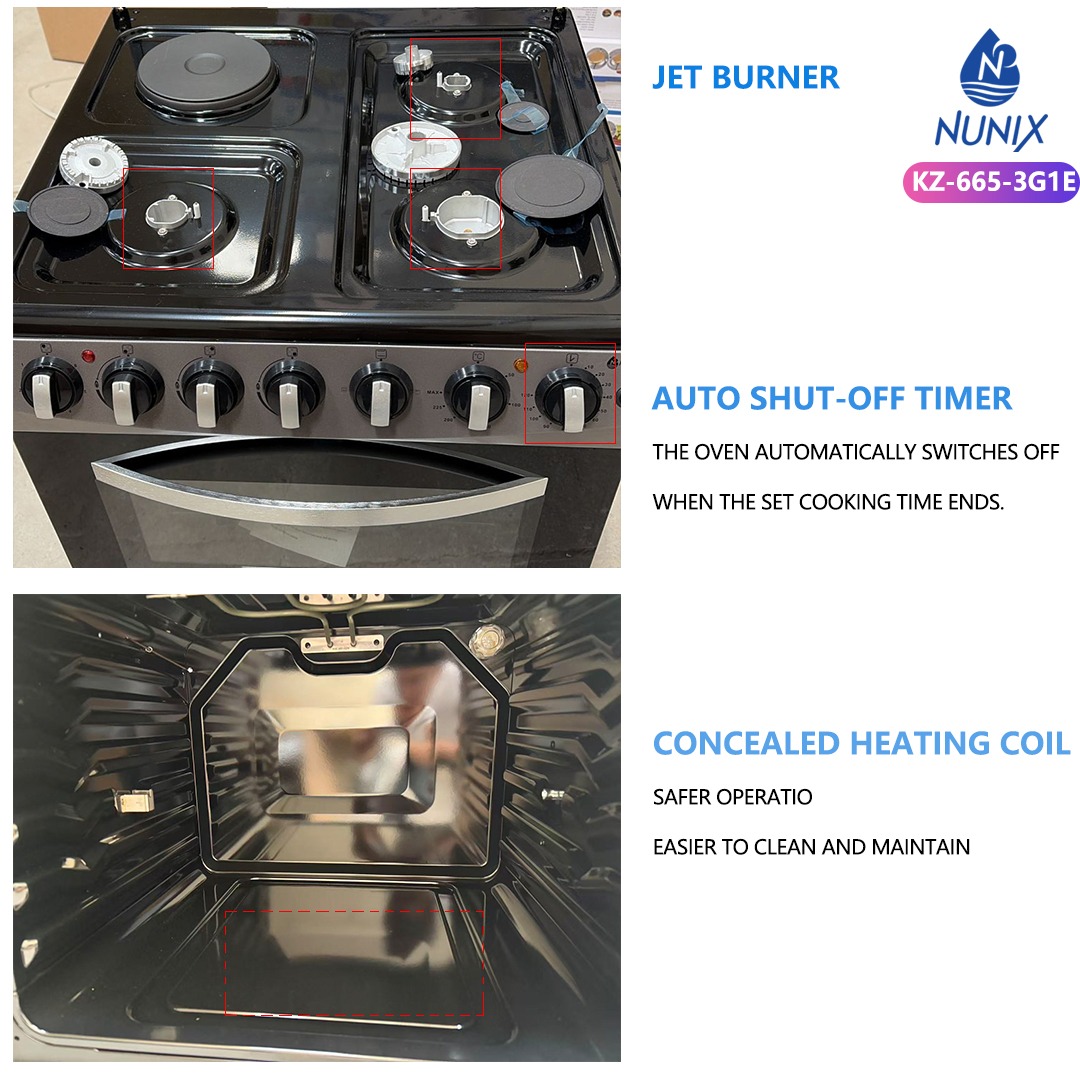 Nunix 60x65, 3 Gas Jet Pool Burners +1 Electric Plate with Electric Oven,Free Standing Cooker PLUS FREE KETTLE AND GLOVE