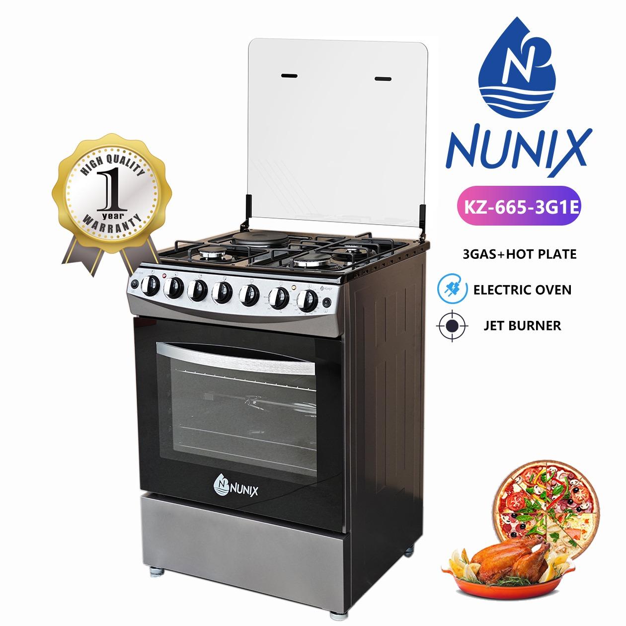 Nunix 60x65, 3 Gas Jet Pool Burners +1 Electric Plate with Electric Oven,Free Standing Cooker PLUS FREE KETTLE AND GLOVE