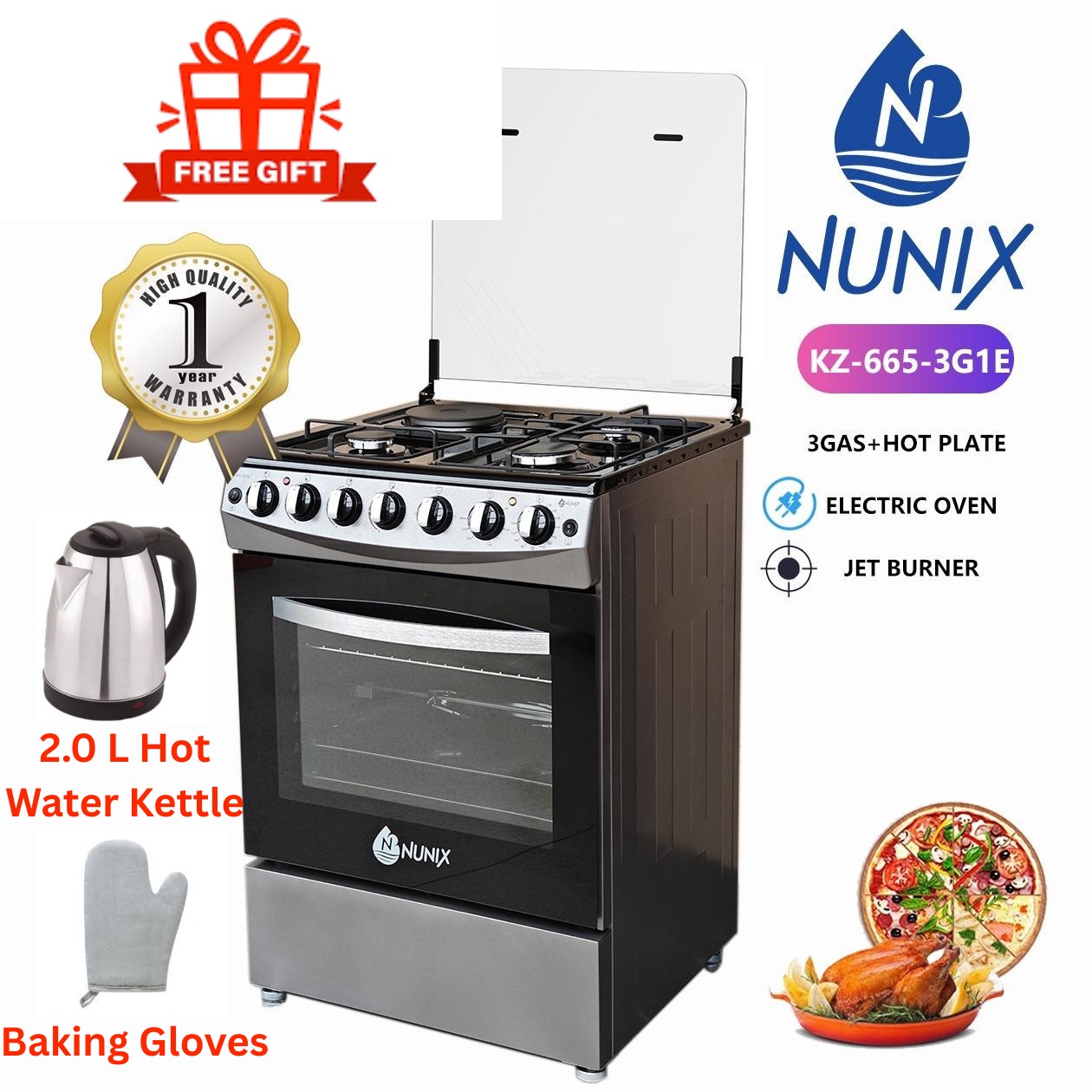 Nunix 60x65, 3 Gas Jet Pool Burners +1 Electric Plate with Electric Oven,Free Standing Cooker PLUS FREE KETTLE AND GLOVE