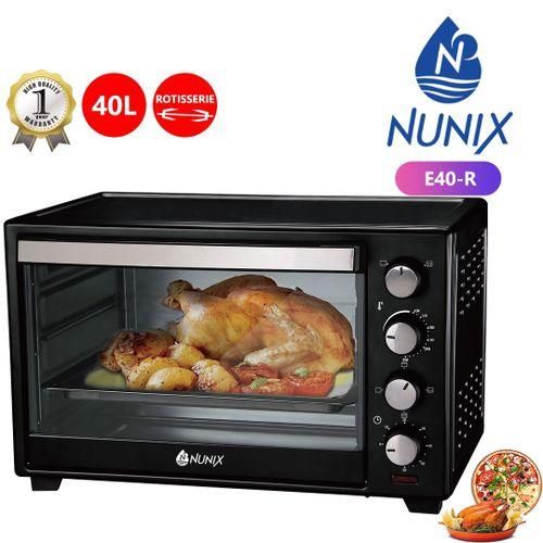 Nunix 40-Litre Electric Rotisserie Oven – 4 adjustable knob settings for temperature, timer, function, and rotisserie, Built-in rotisserie for even roasting.