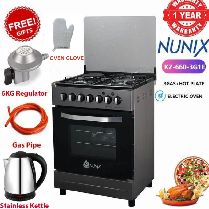 Nunix 60x60, 3 Gas Jet Pool Burners +1 Electric Plate  with Electric Oven,Free Standing Cooker  PLUS FREE  ELECTRIC KETTLE,PIPE,6KG REGULATOR,OVEN GLOVE