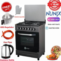 Nunix 60x60, 3 Gas Jet Pool Burners +1 Electric Plate  with Electric Oven,Free Standing Cooker  PLUS FREE  ELECTRIC KETTLE,PIPE,6KG REGULATOR,OVEN GLOVE