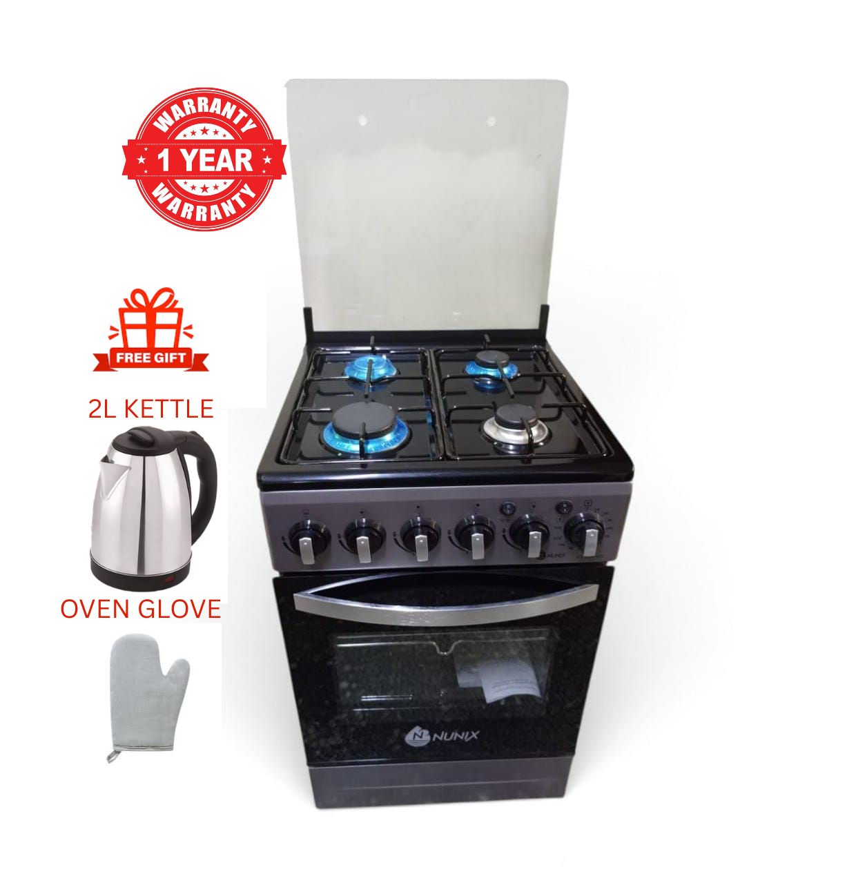 NUNIX 50*55  4 GAS BURNER WITH GAS OVEN,AUTO IGNITION FREE STANDING COOKER WITH FREE GIFTS