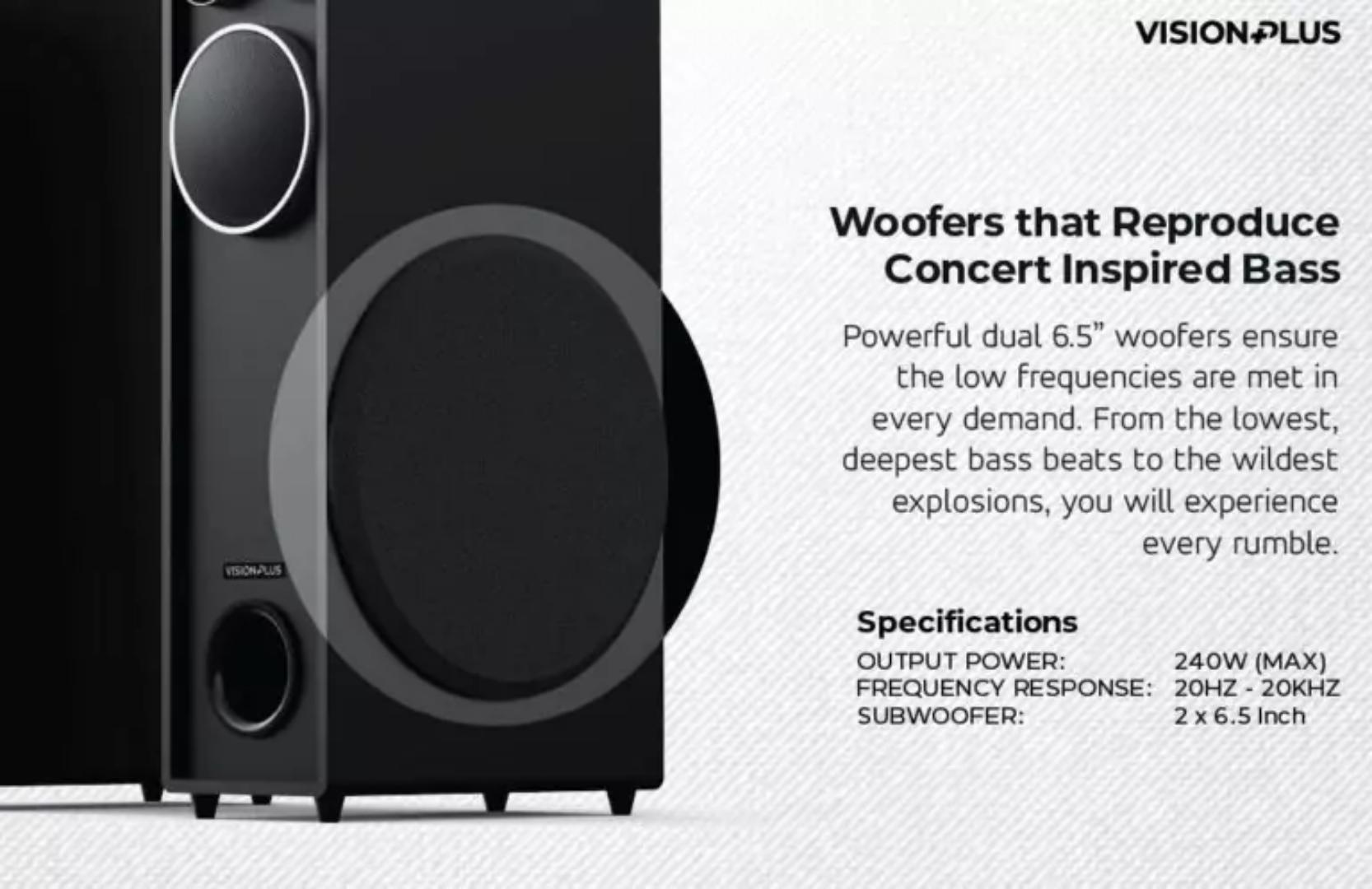 Vision Plus VP2060TS Tower Speaker 240W with versatile connectivity options including Bluetooth, USB, AUX, and HDMI-1 year warranty