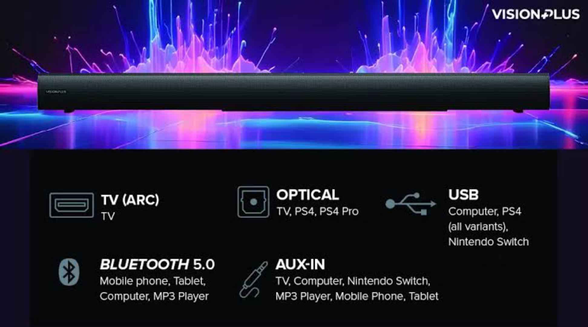 VISION PLUS  VP2120SB 160W 2.1CH HOME CINEMA SOUNDBAR SYSTEM,DOLBY DIGITAL AUDIO, BLUETOOTH, DEEP BASS BLAST, HDMI -1 YEAR WARRANTY