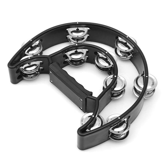 Tambourine Half-Moon Double Row Jingles, Ergonomic Grip, Hand Percussion Dafli for Adults & Kids, Party/Stage Use (Blue, white, Black)