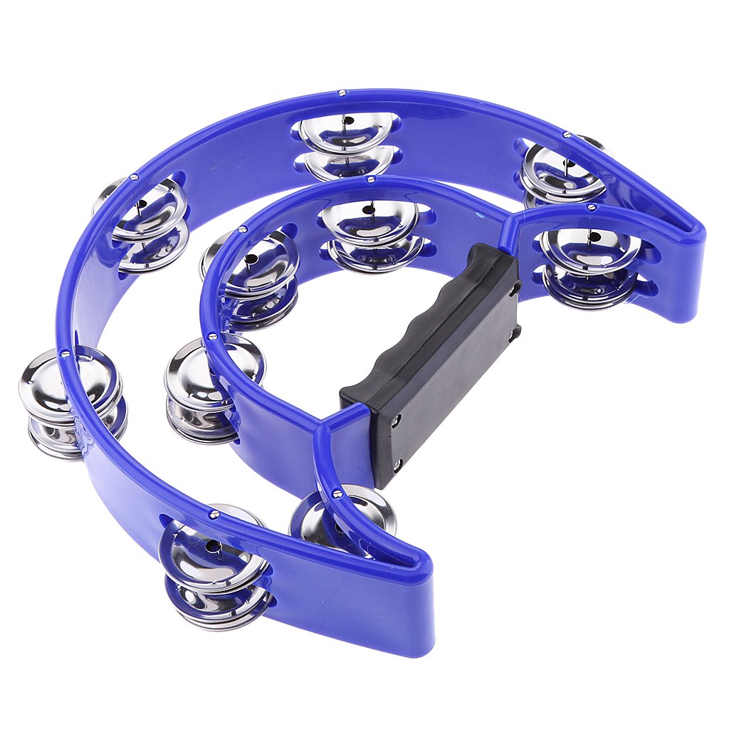 Tambourine Half-Moon Double Row Jingles, Ergonomic Grip, Hand Percussion Dafli for Adults & Kids, Party/Stage Use (Blue, white, Black)