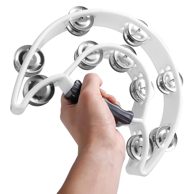 Tambourine Half-Moon Double Row Jingles, Ergonomic Grip, Hand Percussion Dafli for Adults & Kids, Party/Stage Use (Blue, white, Black)