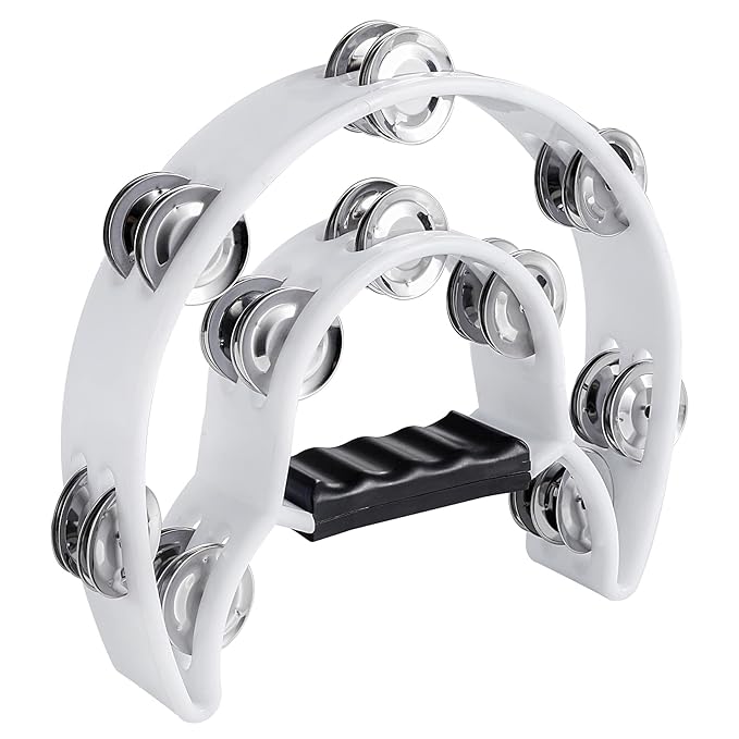 Tambourine Half-Moon Double Row Jingles, Ergonomic Grip, Hand Percussion Dafli for Adults & Kids, Party/Stage Use (Blue, white, Black)