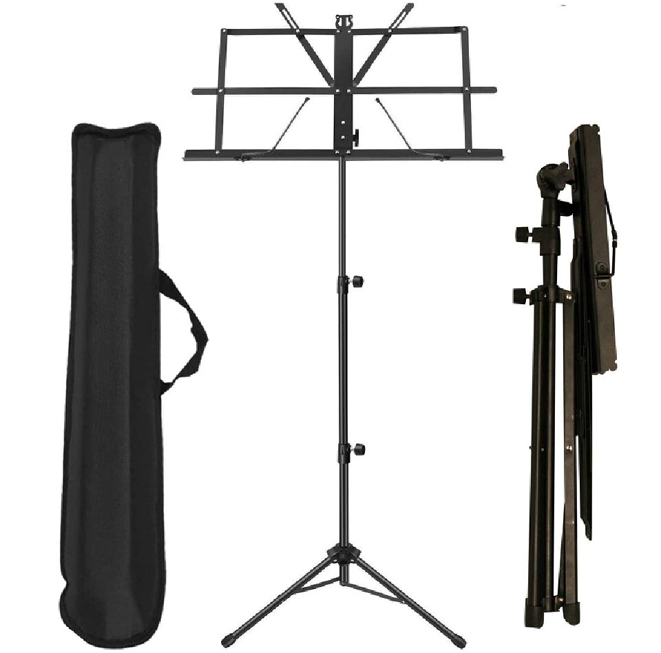 Music Stand, Folding Height & Angle Adjustable Metal Orchestral Notation Stand with Music Sheet Clip Holder, Portable Solid Back Tripod Base Projector Stand (Notation Stand)