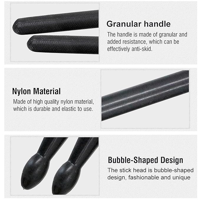 Nylon Drumsticks for Adults Kids Light Durable Plastic Drum Sticks Set with Non-Slip Handles Professional Musical Instrument Percussion Accessories (Black or Black)