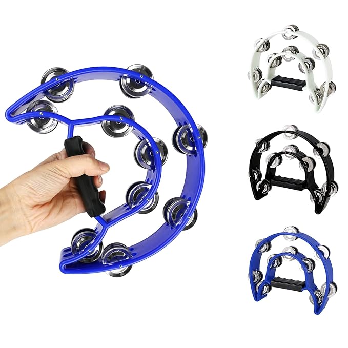 Tambourine Half-Moon Double Row Jingles, Ergonomic Grip, Hand Percussion Dafli for Adults & Kids, Party/Stage Use (Blue, white, Black)