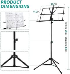 Music Stand, Folding Height & Angle Adjustable Metal Orchestral Notation Stand with Music Sheet Clip Holder, Portable Solid Back Tripod Base Projector Stand (Notation Stand)