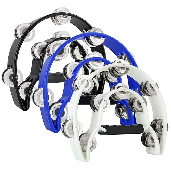Tambourine Half-Moon Double Row Jingles, Ergonomic Grip, Hand Percussion Dafli for Adults & Kids, Party/Stage Use (Blue, white, Black)