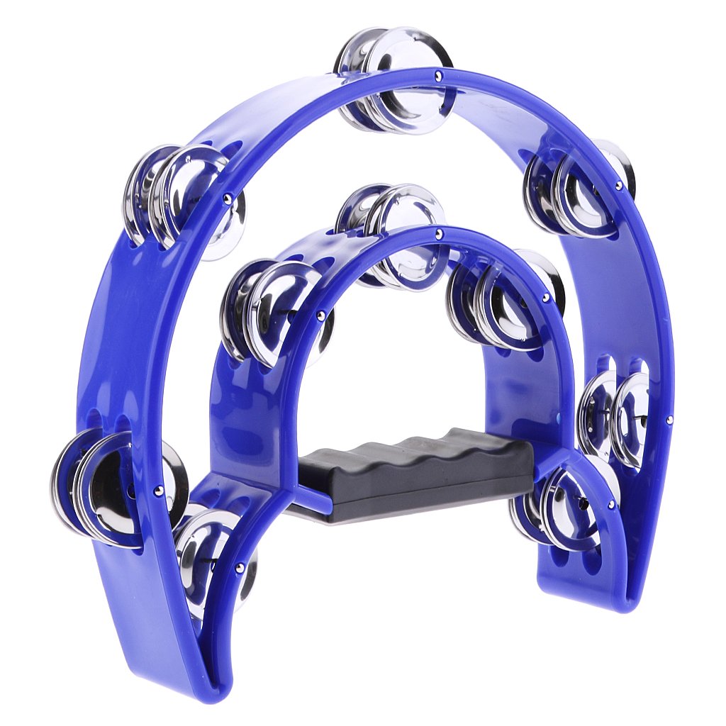 Tambourine Half-Moon Double Row Jingles, Ergonomic Grip, Hand Percussion Dafli for Adults & Kids, Party/Stage Use (Blue, white, Black)