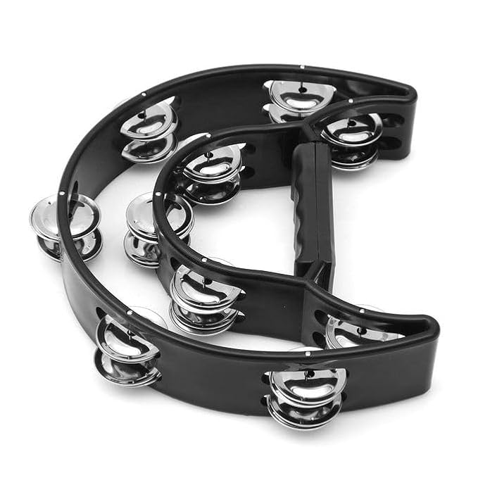 Tambourine Half-Moon Double Row Jingles, Ergonomic Grip, Hand Percussion Dafli for Adults & Kids, Party/Stage Use (Blue, white, Black)