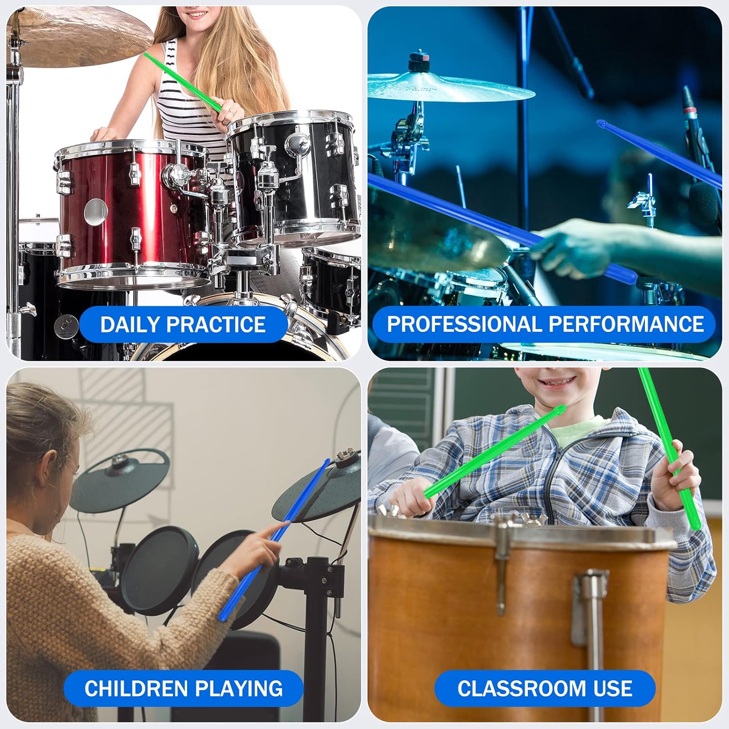 Nylon Drumsticks for Adults Kids Light Durable Plastic Drum Sticks Set with Non-Slip Handles Professional Musical Instrument Percussion Accessories (Black or Black)
